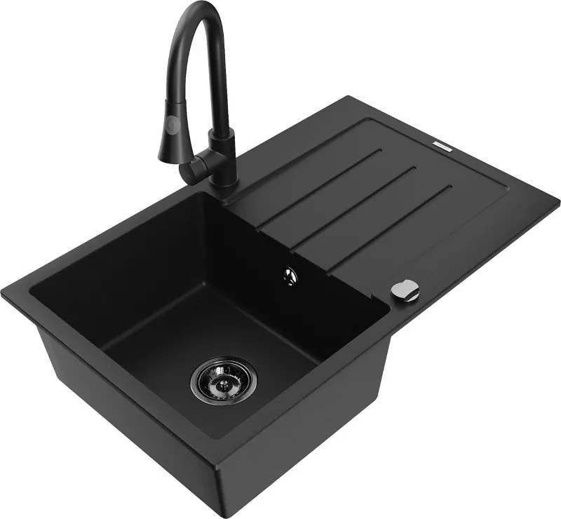 Mexen Bruno chiuvetă din granit cu 1 cuvă, cu scurgător și baterie de bucătărie Elia, negru - 6513-77-670101-70-B