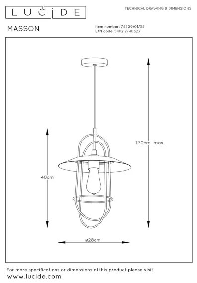 Lustră pe cablu MASSON 1xE27/40W/230V galbenă Lucide 74309/01/34