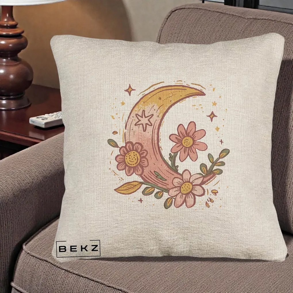 Perna Decorativa Luna Florala Boho, 40x40 cm, Bej Canapea, Husa Detasabila, Perna Inclusa, BEKZ®