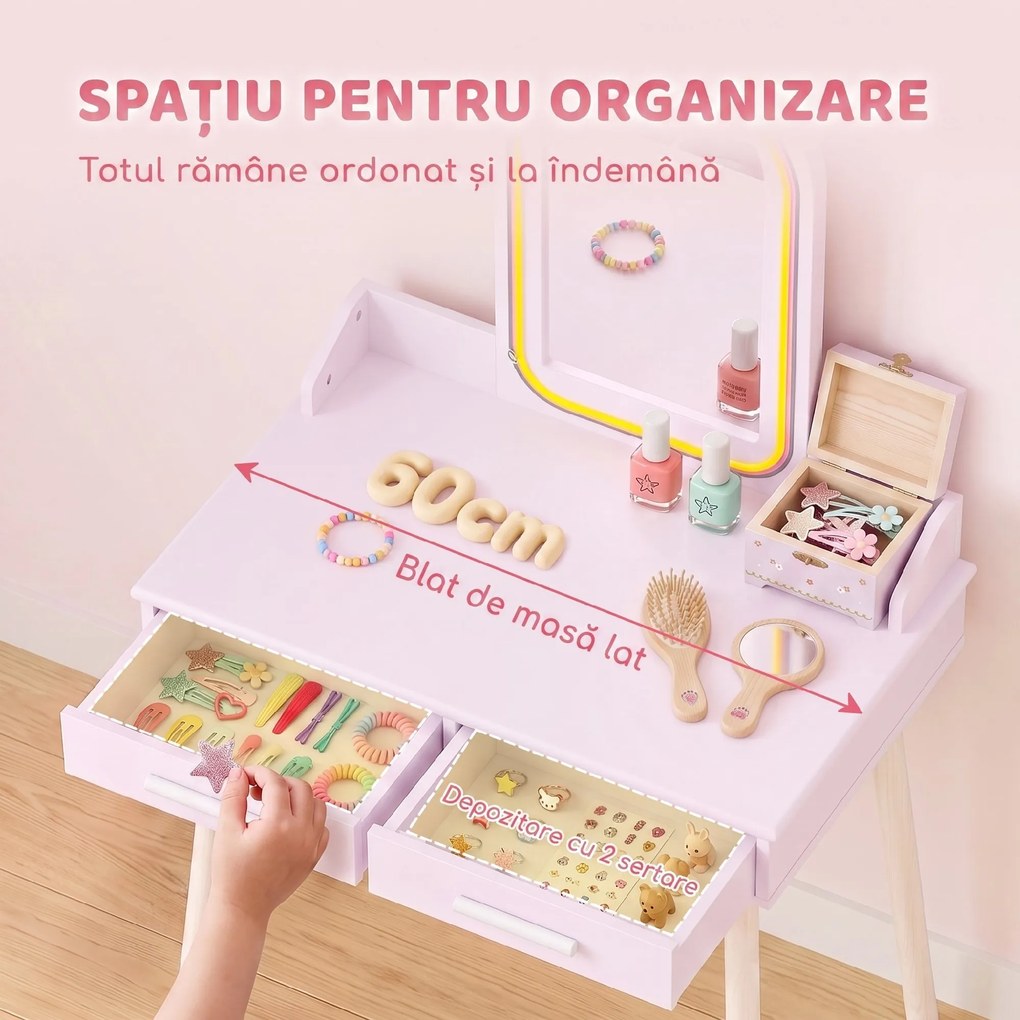 AIYAPLAY Măsuță de Toaletă pentru Copii 3-8 Ani, cu Taburet, Oglindă, Roz | Aosom Romania