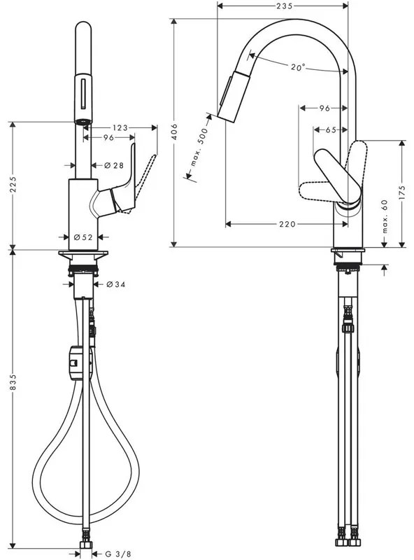 Baterie de bucatarie, Hansgrohe, Focus M41 240, monocomanda cu pipa extractibila, crom