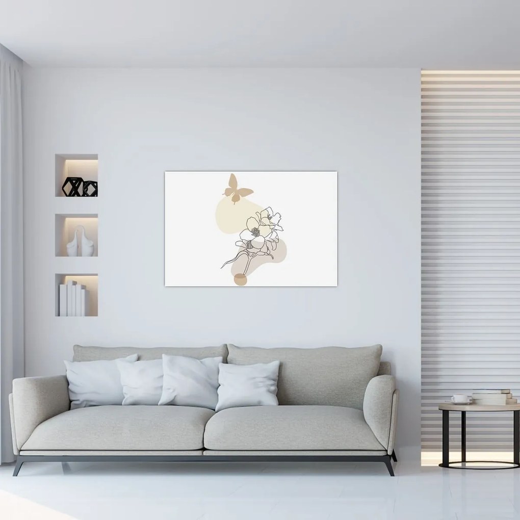 Tablou - Flori bej cu fluture N⁰3 (90x60 cm)