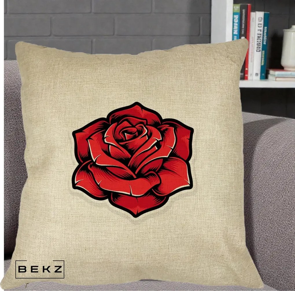 Perna Decorativa Trandafir Rosu Tattoo, 40x40 cm, Crem, Husa Detasabila, Perna Inclusa, BEKZ®