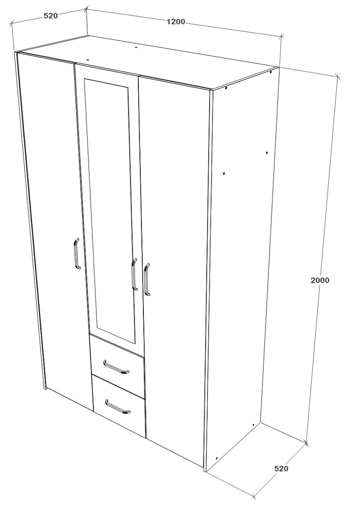 Dulap haaus Malmo, 2 Sertare, 3 Usi, cu oglinda, Stejar Alb/Antracit, 120 x 52 x 200 cm