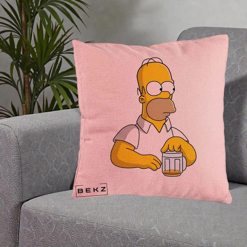 Perna Personalizata Homer Simpson cu Bere, 40x40 cm, Roz, Husa Detasabila, Perna Inclusa, BEKZ®