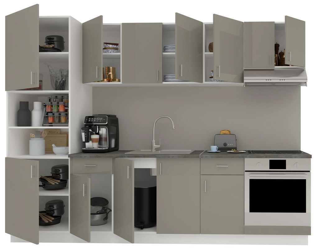 Set Bucatarie Karo V24, Gri Lucios/Alb, MDF, Blat Thermo 28 mm, L 280 cm