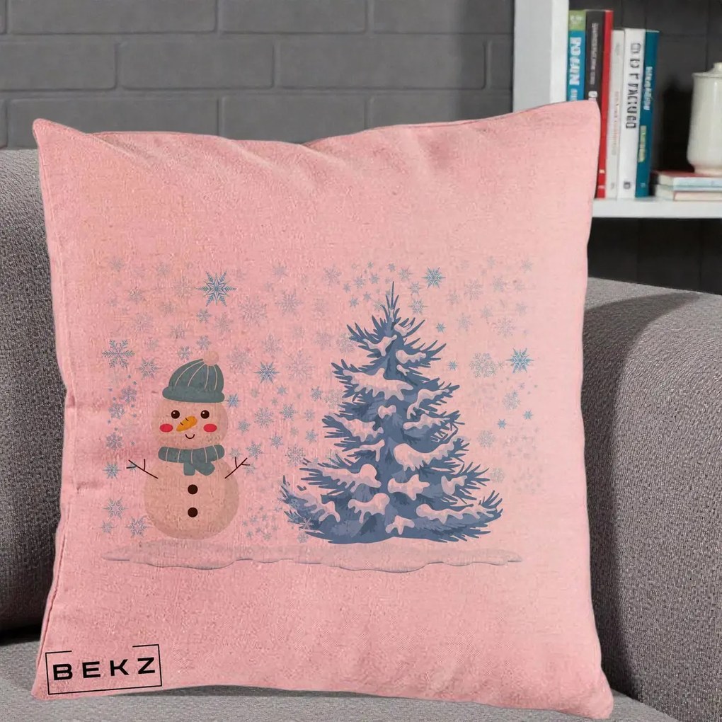Perna Decorativa Om de Zapada si Brad Craciun, 40x40 cm, Roz, Husa Detasabila, Perna Inclusa, BEKZ®