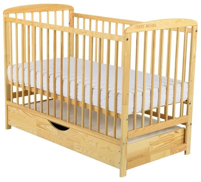 Patut din lemn bebe, 120x60 cm, Cu sertar cu capac, Din lemn de pin si mdf, Stabil si rezistent, Inaltime saltea reglabila pe 3 nivele, Laterala cu 3 bete detasabile, EN716-1, EN716-2, Natur, Babyneeds, Ola