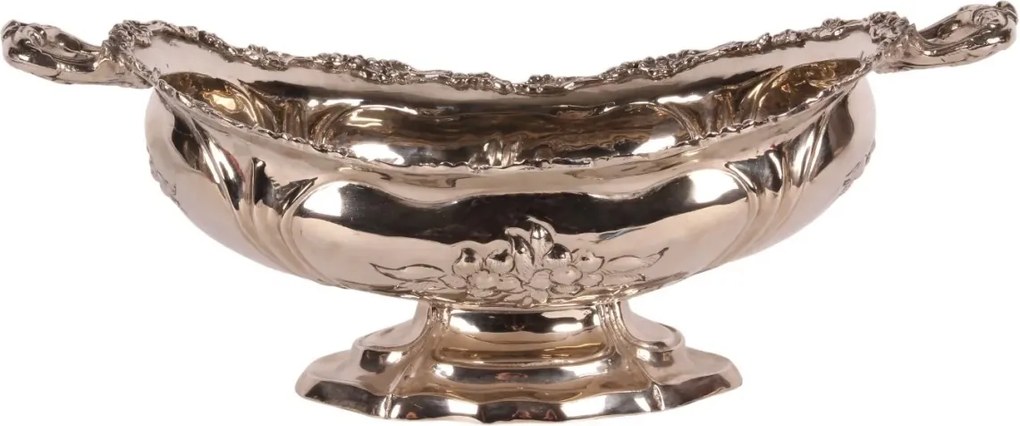 Platou oval pe picior din alamă lucrată manual, argintiu, fructieră cu mânere și struguri în relief, aspect vintage, finisaj nichelat, 20 x 47 x 28
