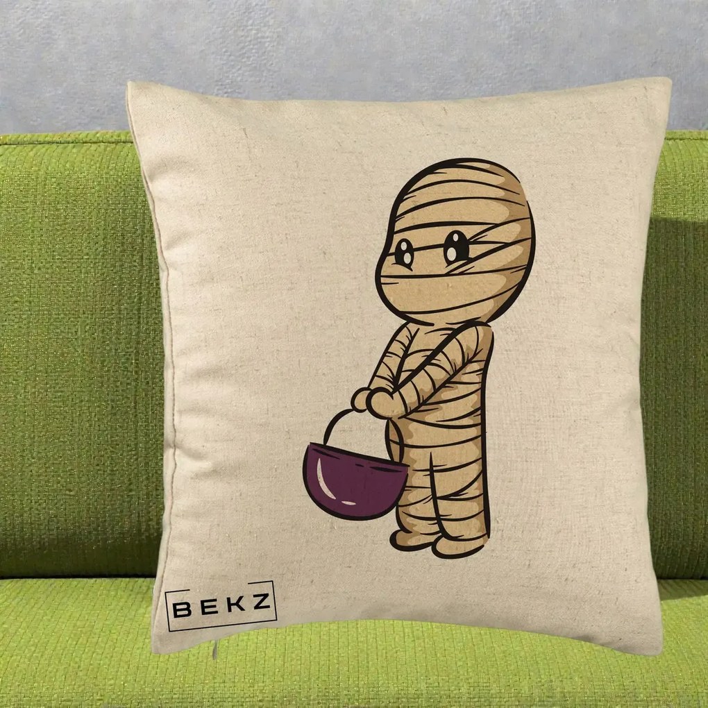 Perna Decorativa Halloween Mummy Kawaii cu Cos, 40x40 cm, Bej, Husa Detasabila, Perna Inclusa, BEKZ®