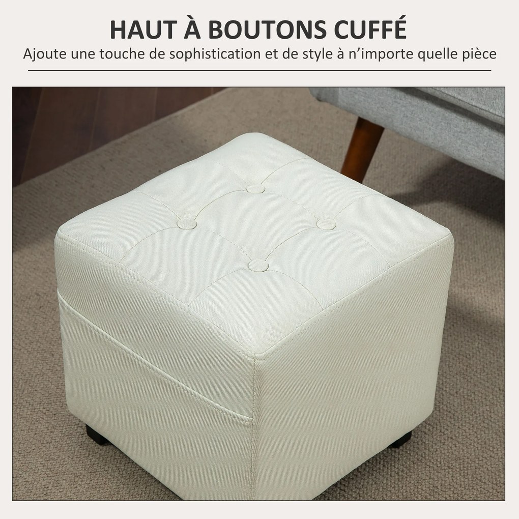 HOMCOM Suport pentru picioare pentru living, ottoman, scaun tapițat capitonat din material cu aspect de in cu buzunar lateral, 35 x 35 x 35 cm, cremă | Aosom Romania
