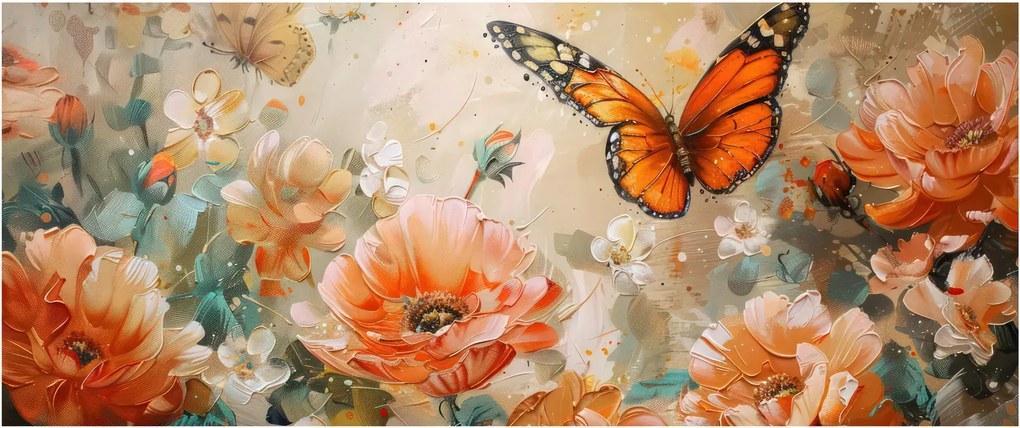 Tablou - Fluture și flori, pictură în ulei (120x50 cm)