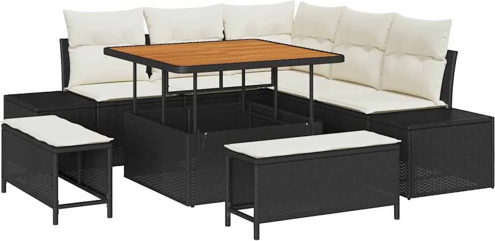 vidaXL Set de canapele pentru grădină cu pernă 8 pcs Negru poliratan