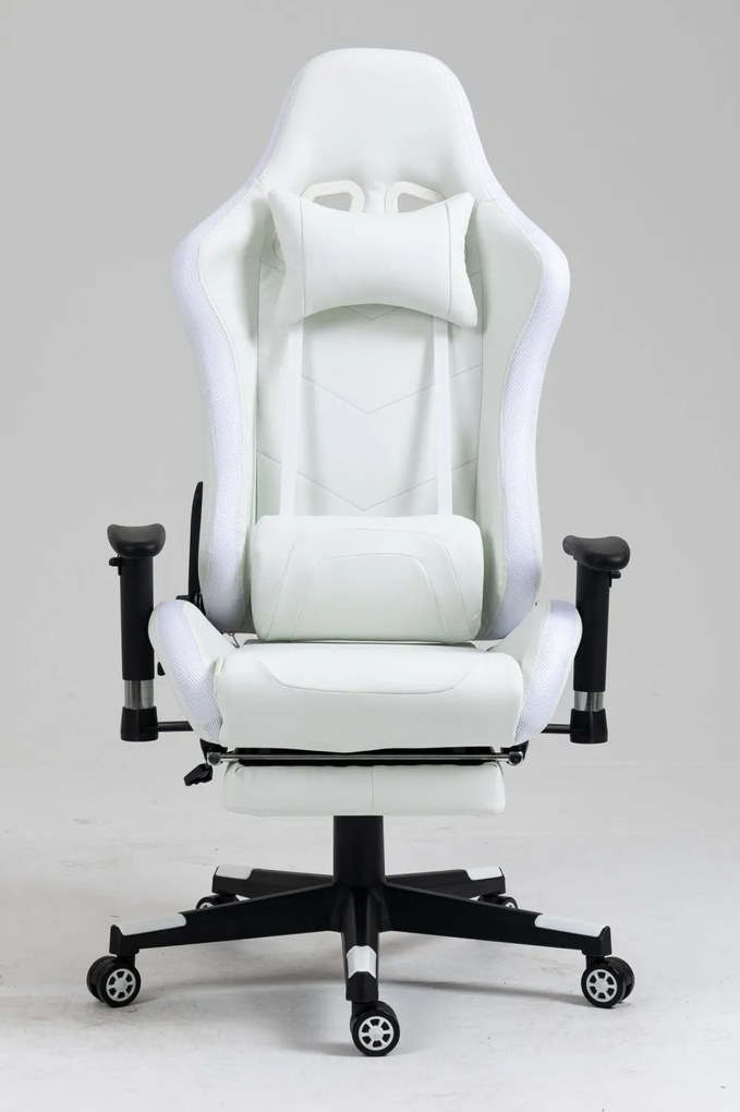 Scaun gaming cu sistem iluminare bandă LED RGB, masaj în perna lombară, suport picioare, funcție șezlong, 90-180 grade, piele PU Premium, Alb