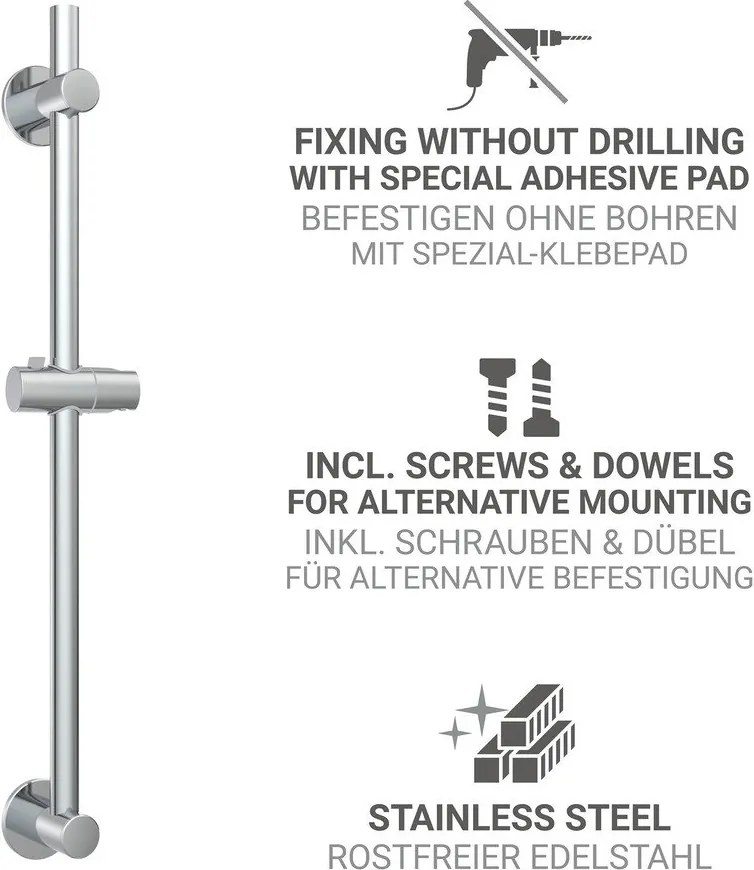 Tijă de duș argintiu-lucios autoadezivă din oțel inoxidabil 70 cm cu suport glisant – Wenko