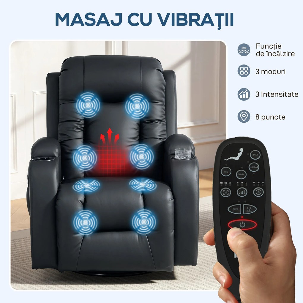 Homcom Fotoliu Masaj & incalzire – 8 Zone, Piele Eco, inclinabil 150° | Aosom Romania