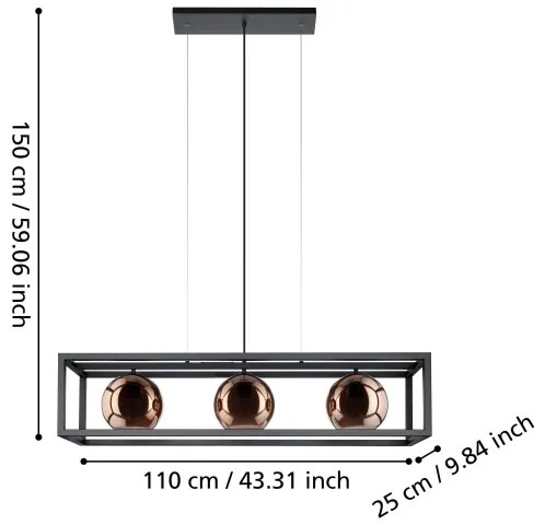 Lustră pe cablu Eglo 390091 CORDOBA 3xE27/40W/230V cupru/negru