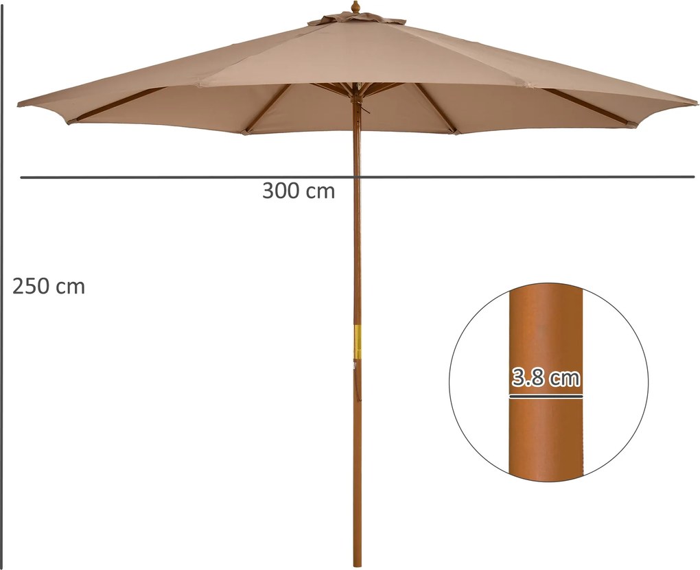 Outsunny Umbrelă de Grădină cu Șnur și Deschidere Reglabilă, Ø300x250 cm, Kaki | Aosom Romania