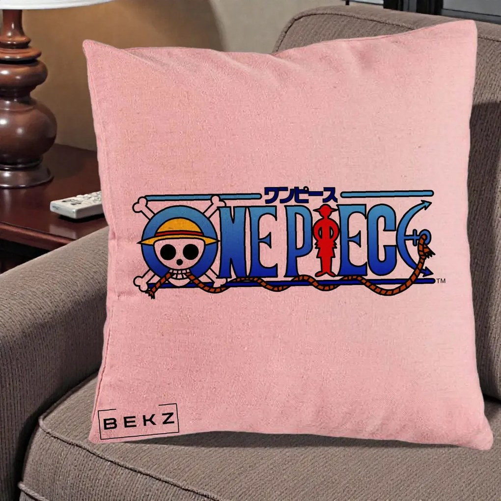 Perna Personalizata One Piece Clasic Albastru, 40x40 cm, Roz, Husa Detasabila, Perna Inclusa, BEKZ®