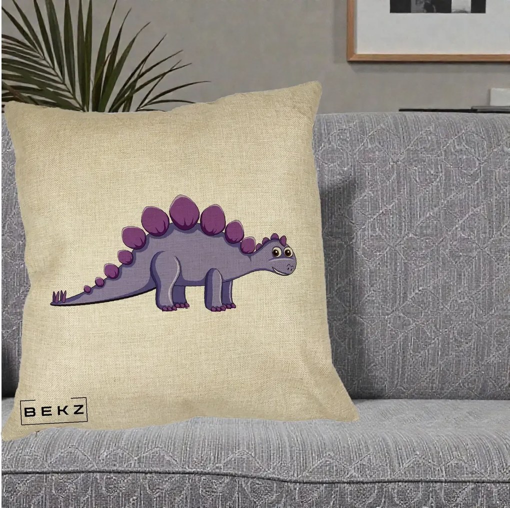 Perna Personalizata Stegozaur Mov, 40x40 cm, Crem, Husa Detasabila, Perna Inclusa, BEKZ®