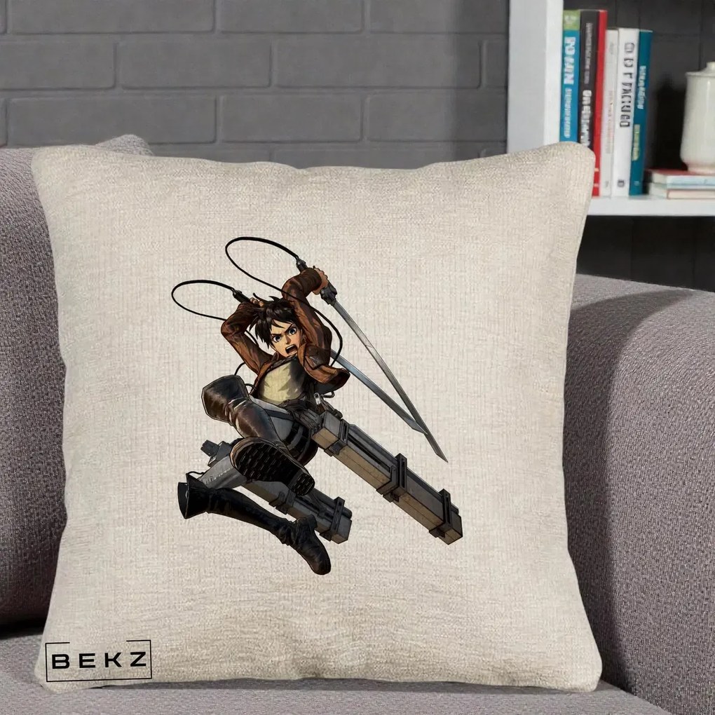 Perna Personalizata Attack on Titan Eren Yeager Lupta, 40x40 cm, Bej Canapea, Husa Detasabila, Perna Inclusa, BEKZ®