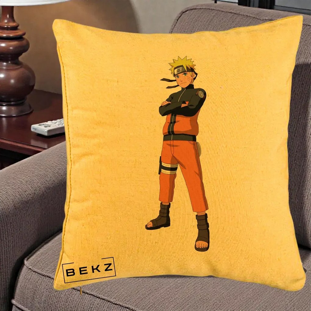 Perna Personalizata Naruto Uzumaki Portret Complet, 40x40 cm, Galben, Husa Detasabila, Perna Inclusa, BEKZ®