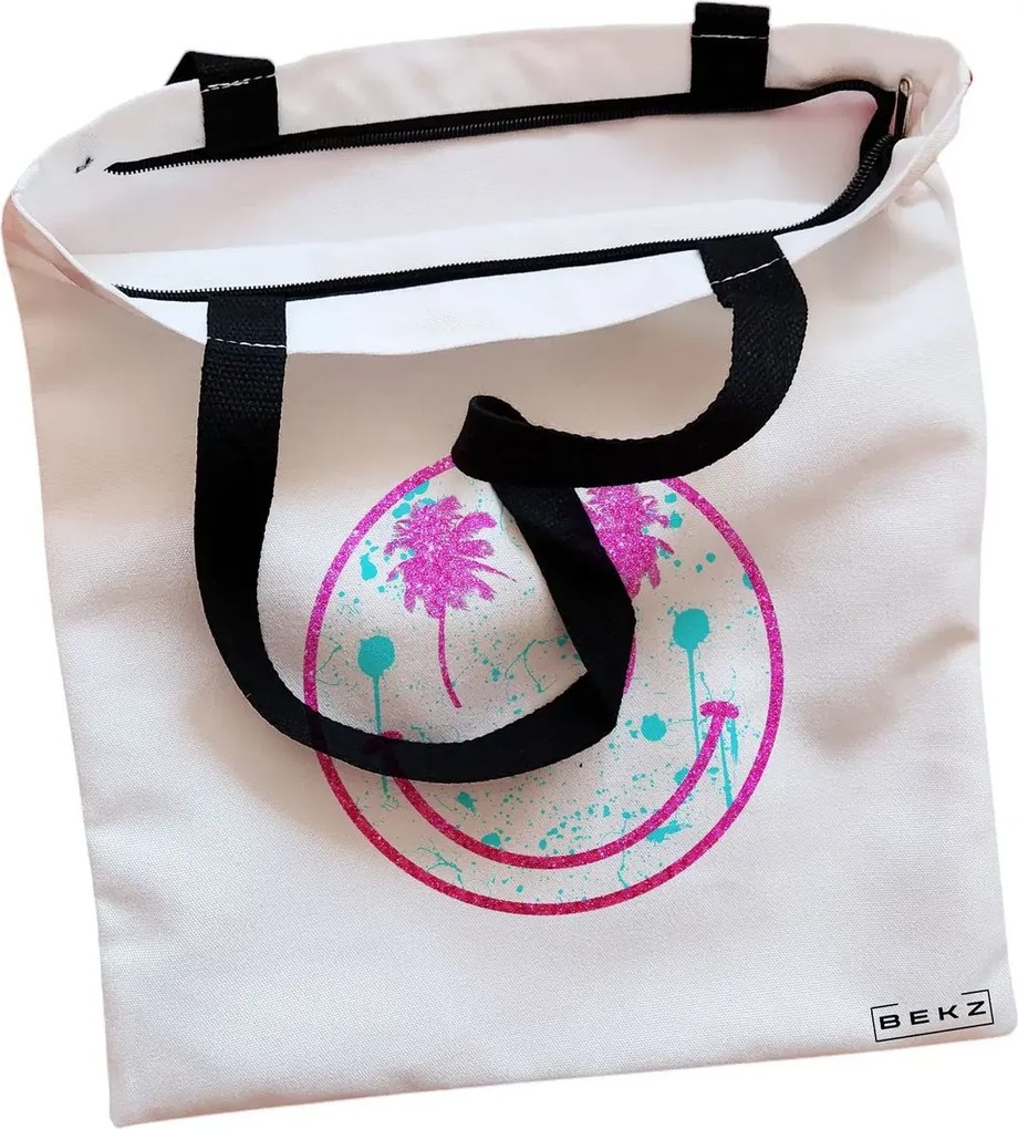 Sacosa de Panza pentru Cumparaturi, Geanta Tote, model Beach Smile, Cu fermoar, 38x34.5 cm, Alba, BEKZ®