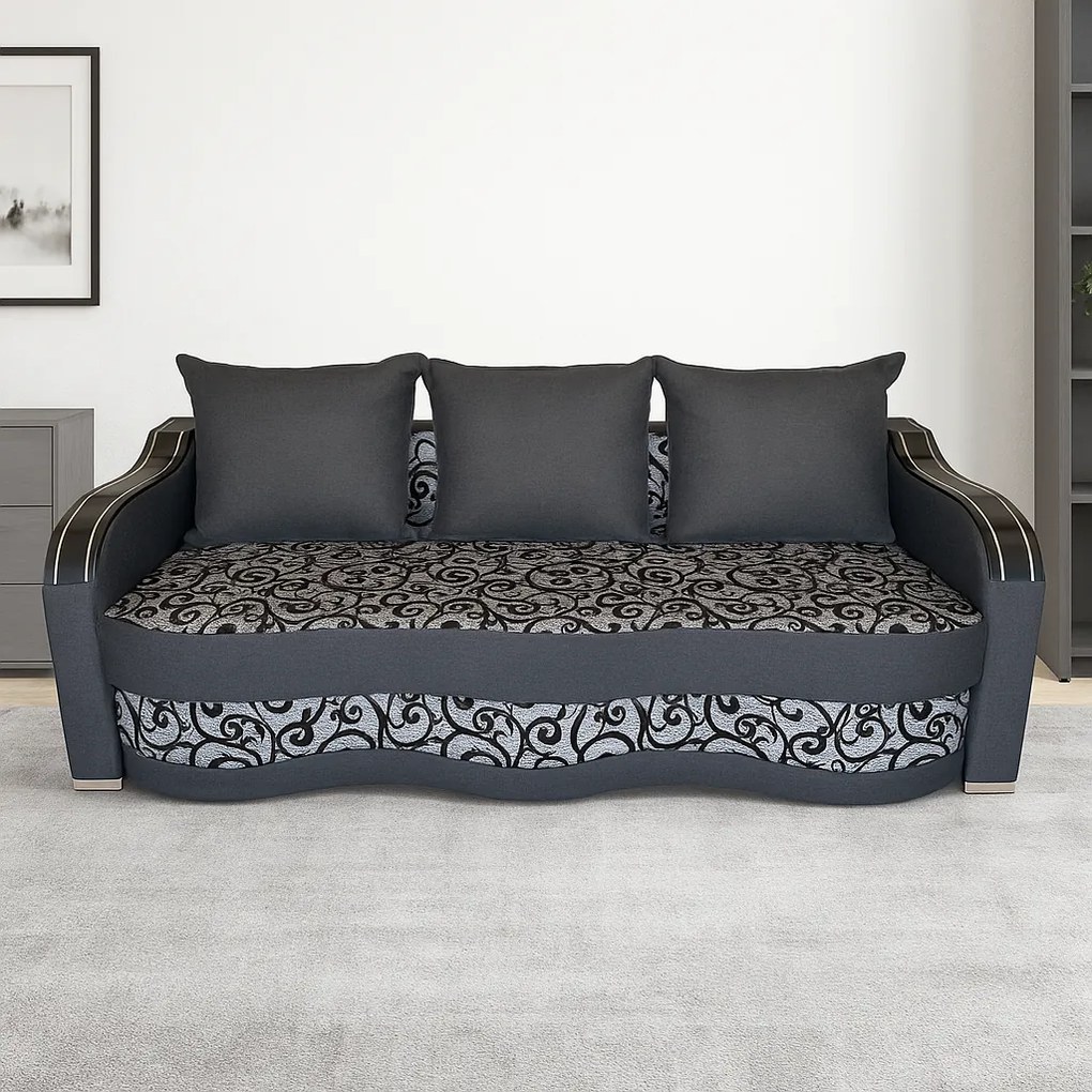 Canapea DIANA extensibila, 3 locuri, cu lada de depozitare, stofa gri cu negru , 220x100x80 Negru + Gri