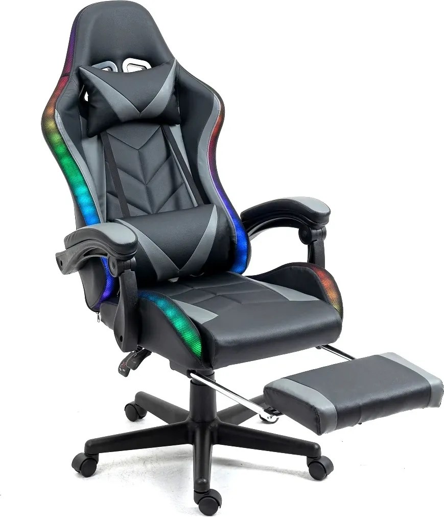 RESIGILAT- Scaun gaming, sistem iluminare bandă LED RGB, masaj în perna lombară, suport picioare, Negru/Gri
