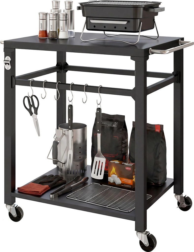 Outsunny Servantă de grădină cărucior de grătar pe roți cu cârlige, mânere, roți blocabile, 90,5x55x88 cm, negru | Aosom Romania