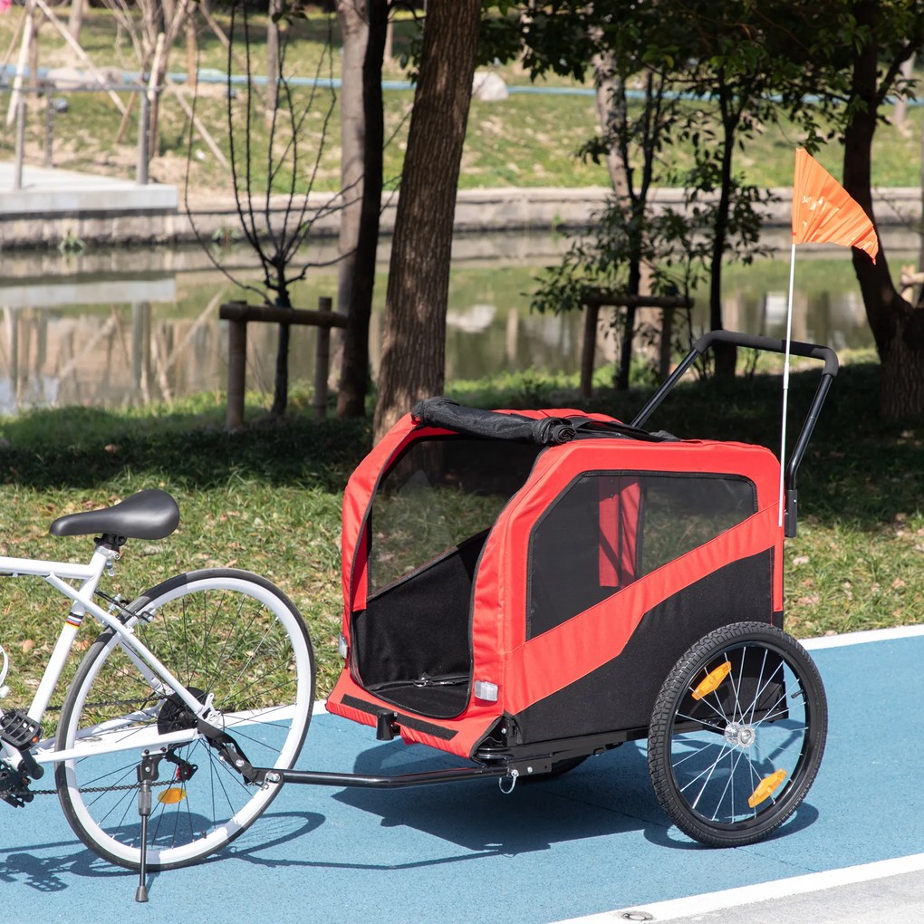 PawHut Remorcă pentru copii, remorcă pentru bicicletă, inclusiv elemente reflectorizante, 1 drapel, 170 cm x 77 cm x 90 cm, Roșu | Aosom Romania