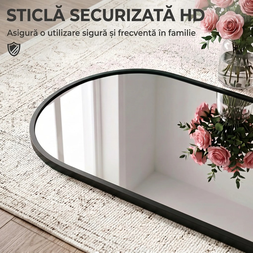 HOMCOM Oglindă de Perete Arcuită 110x40 cm, Ramă din Aluminiu, Cârlige, Design Modern, Negru | Aosom Romania