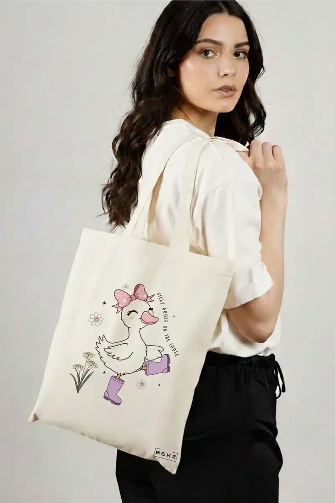 Sacosa de Panza pentru Cumparaturi, Geanta Tote, model Silly Goose 4, 38 x 34.5 cm, Alba, BEKZ®