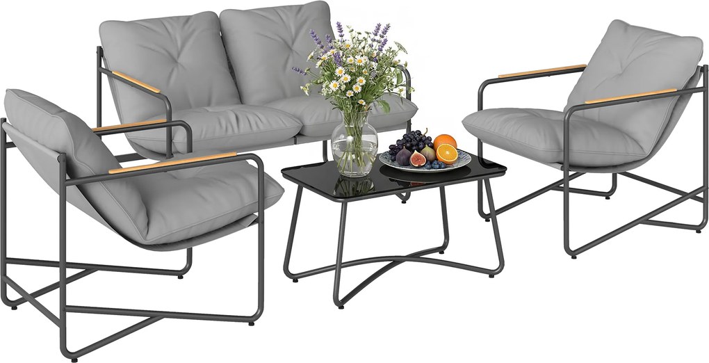 Outsunny Set grădină 4 locuri cu perne groase, salon metalic, gri deschis | Aosom Romania