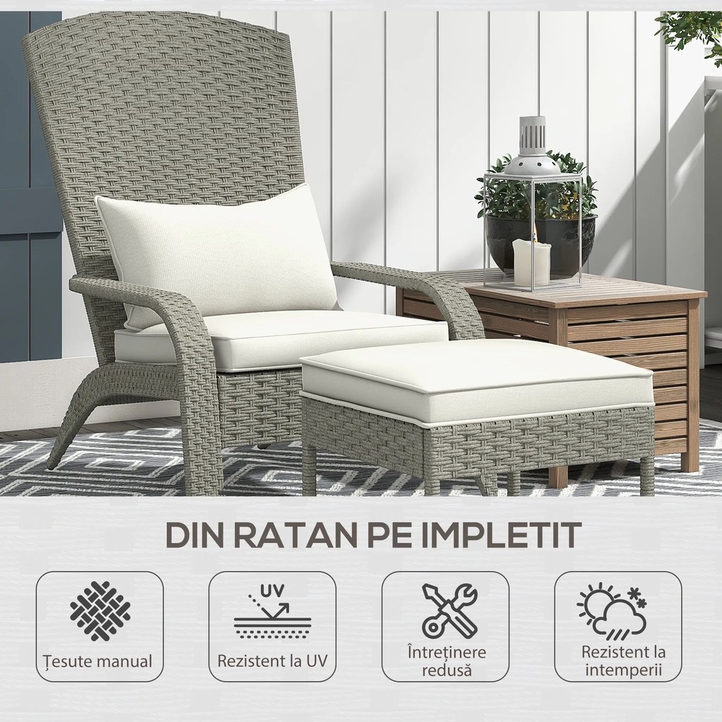 Outsunny Scaun Adirondack cu taburet din rachita pentru terasa, Scaun de exterior pentru semineu cu perne, spatar inalt | Aosom Romania