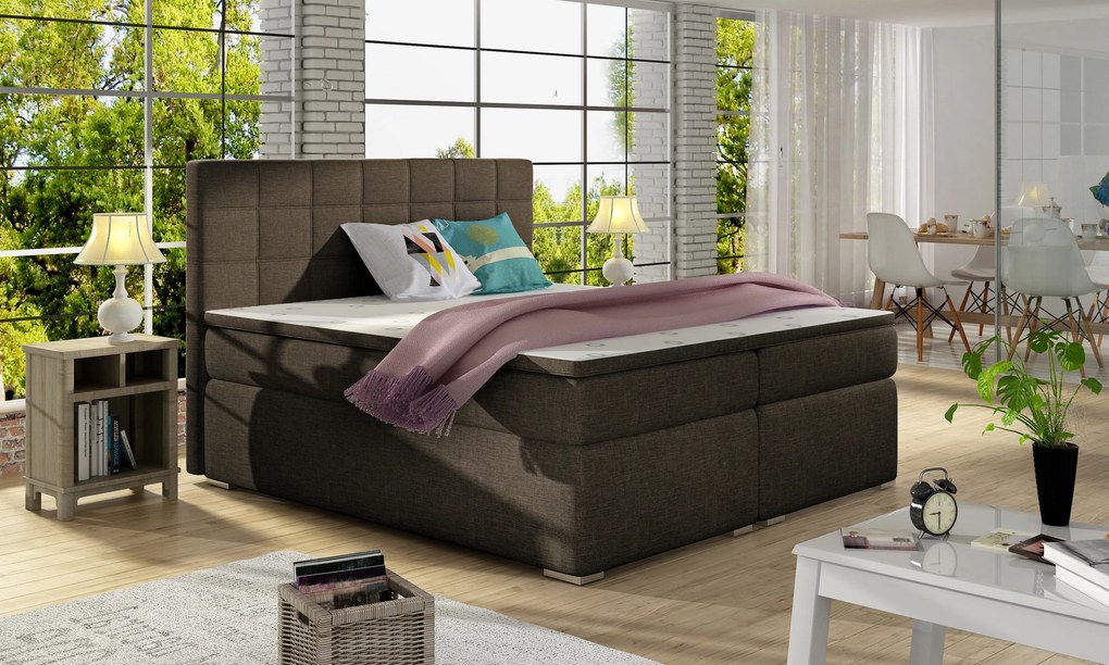 Pat matrimonial Boxspring 160 cm Abbie (maro) (cu saltele). 1027417