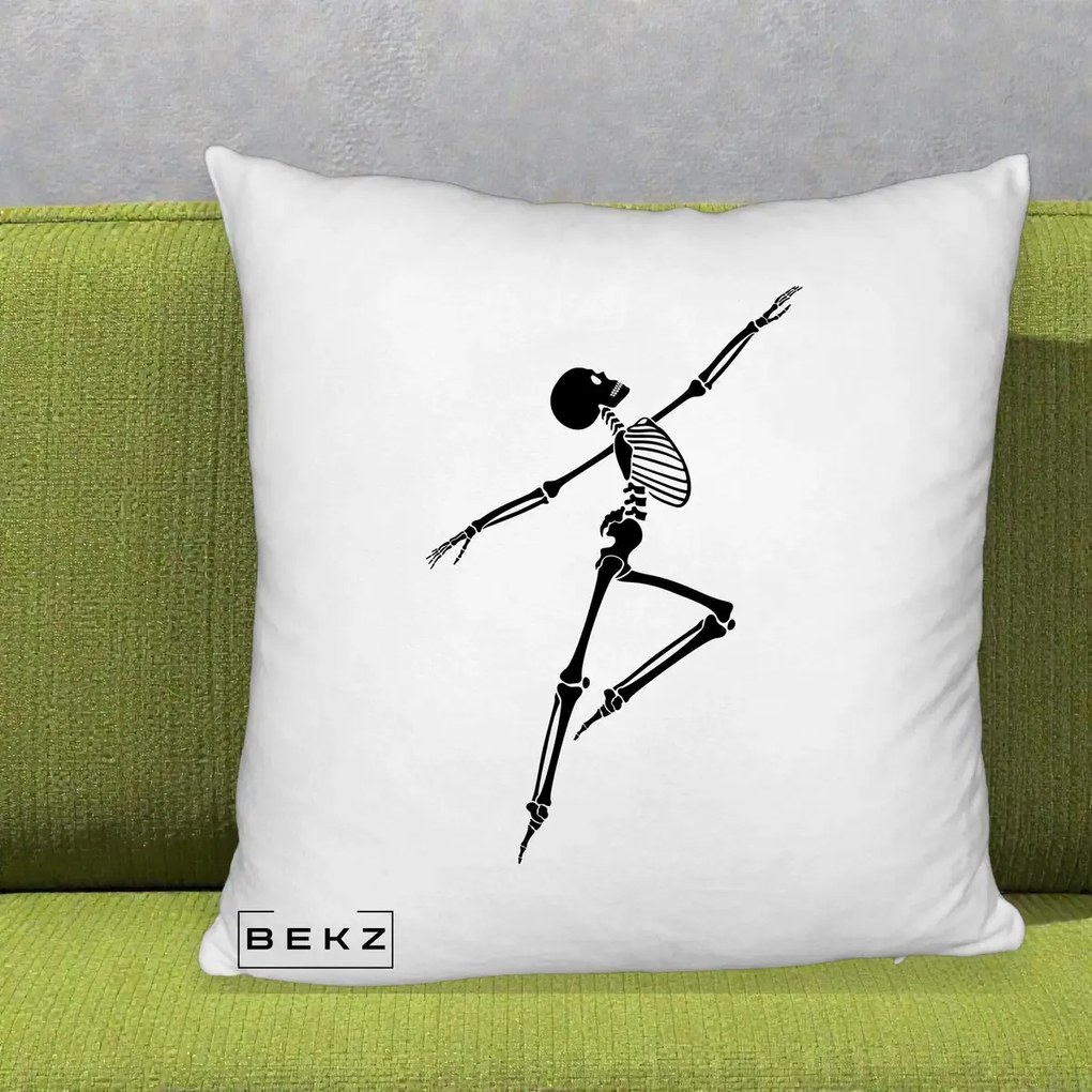 Perna Decorativa Schelet Dansator Silueta Neagra Halloween, 40x40 cm, Alb Pufos, Husa Detasabila, Perna Inclusa, BEKZ®