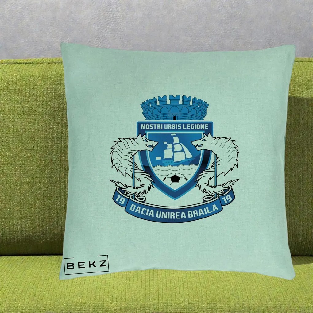 Perna Personalizata Dacia Unirea Braila 1919 Fotbal, 40x40 cm, Verde Menta, Husa Detasabila, Perna Inclusa, BEKZ®