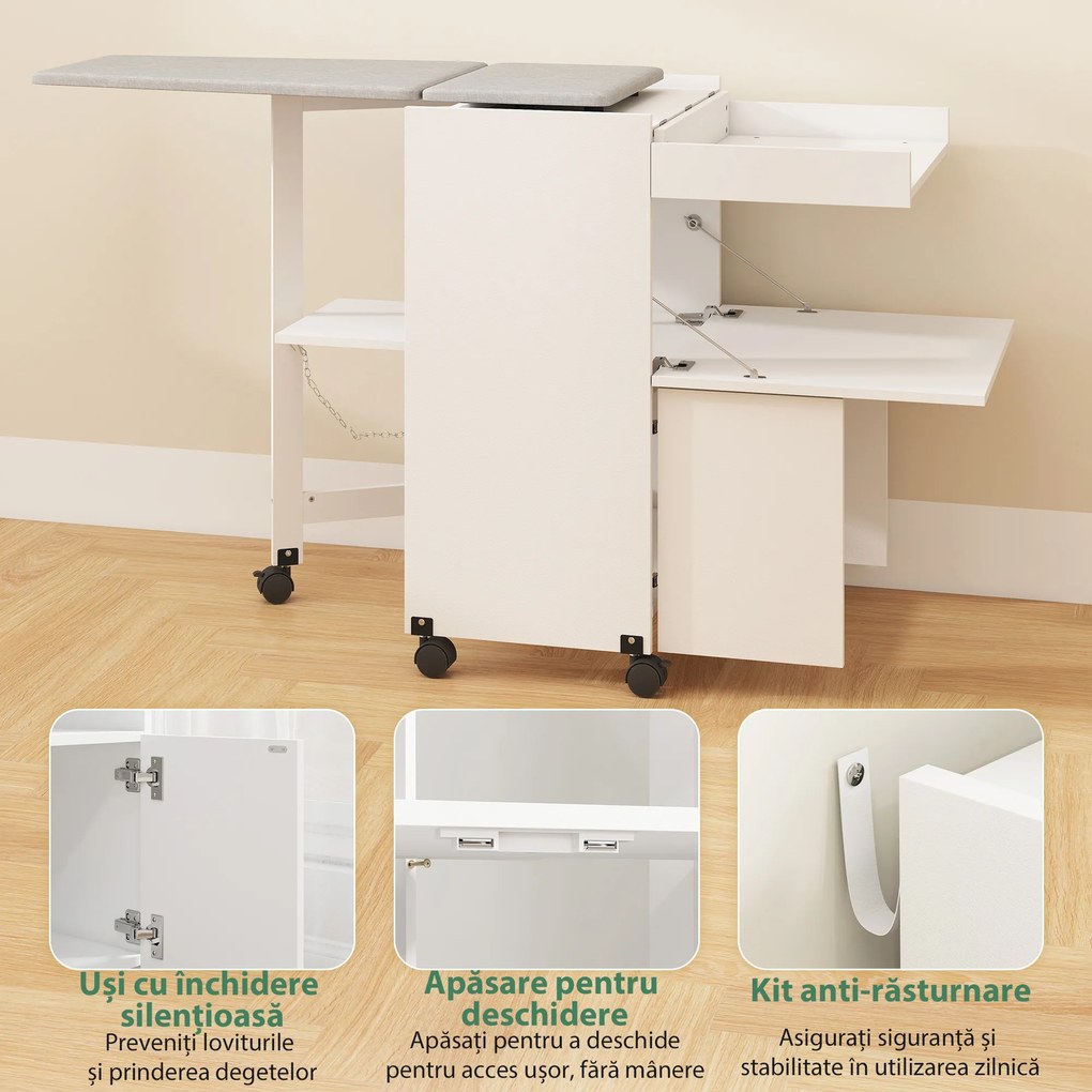 HOMCOM Dulap Masă de Călcat Pliabil cu Roți și Suport pentru Fier de Călcat, Dulap de Călcat Multifuncțional cu Rafturi, Compartiment Deschis, pentru Spălătorie, Baie, 154x55x87 cm, Alb | Aosom Romania