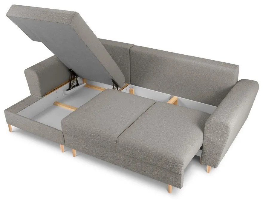 Colțar gri deschis extensibil, cu spațiu de depozitare cu tapițerie din țesătură bouclé (cu colț pe partea stângă, cu șezlong) Kyoto – Cosmopolitan Design