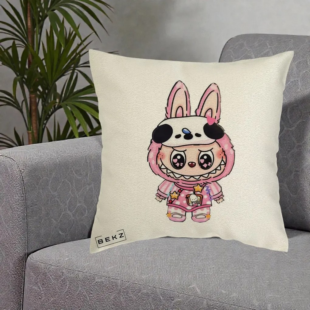 Perna Personalizata Labubu Panda-Bunny Roz, 40x40 cm, Ecru, Husa Detasabila, Perna Inclusa, BEKZ®