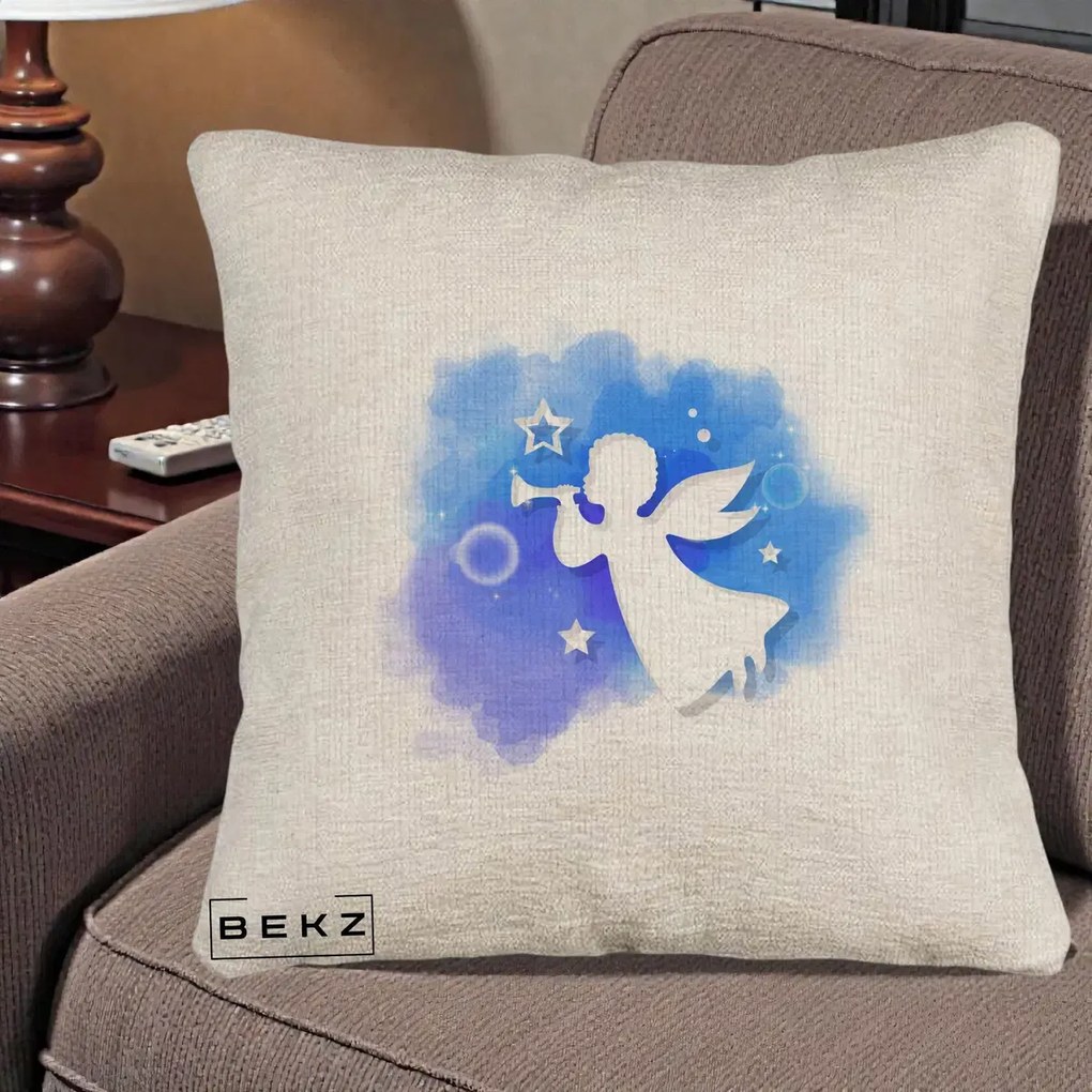 Perna Decorativa Inger cu Trompeta Albastru, 40x40 cm, Bej Canapea, Husa Detasabila, Perna Inclusa, BEKZ®