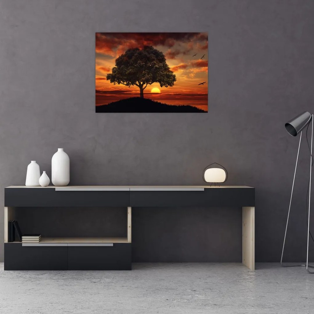 Tablou pe sticlă cu pomi și apus de soare (70x50 cm)