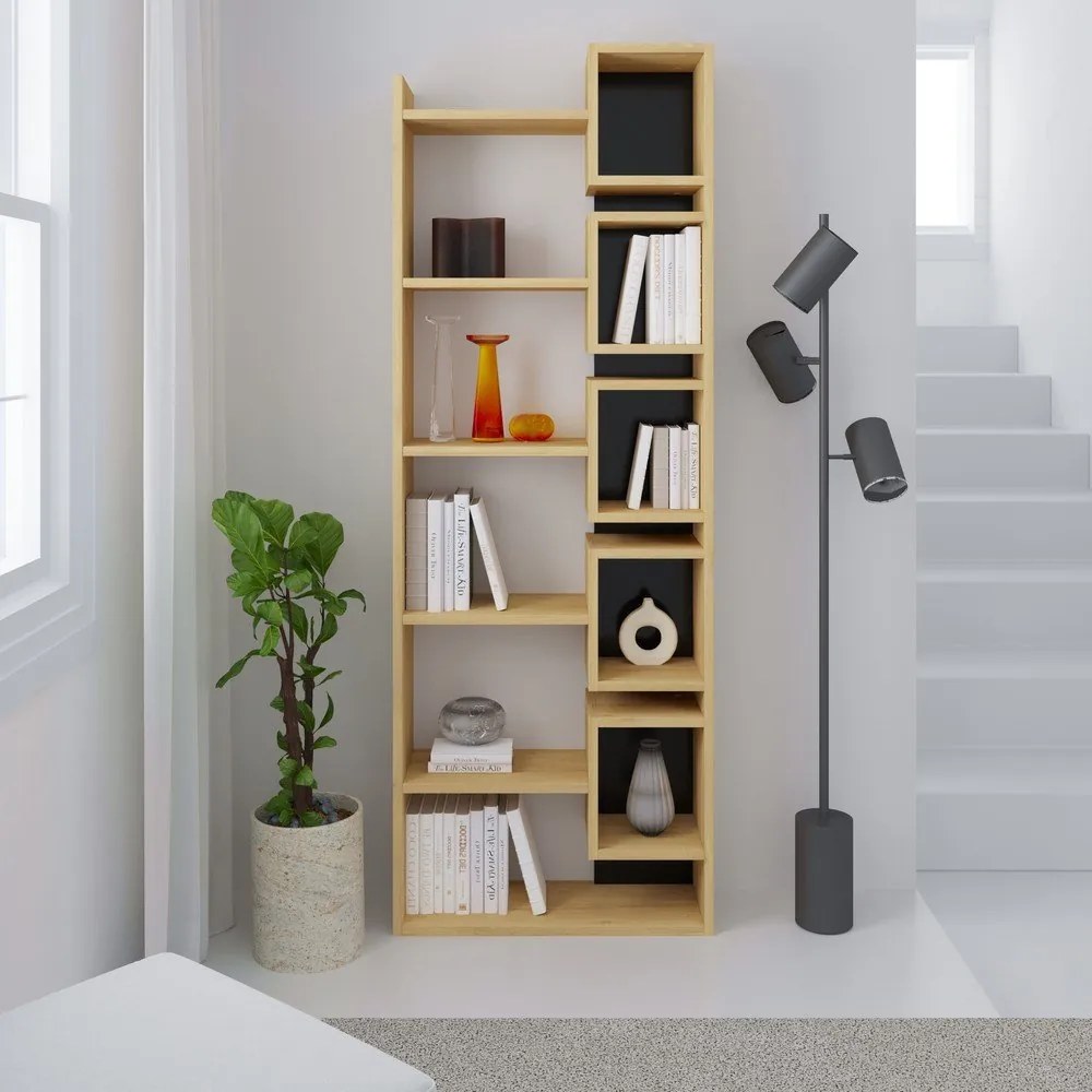 Bibliotecă neagră/în culoare naturală cu aspect de lemn de stejar 60x168,5 cm Eladi – Marckeric