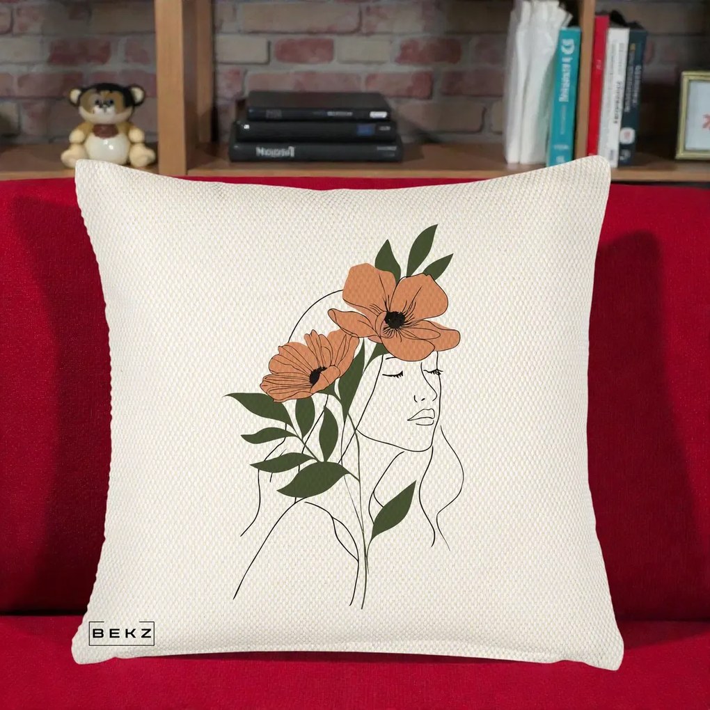 Perna Decorativa Portret Feminin Doua Maci Terracotta, 40x40 cm, Crem Reliefat, Husa Detasabila, Perna Inclusa, BEKZ®