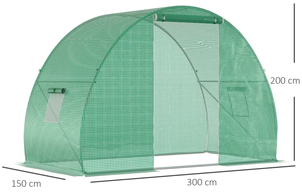 Outsunny Seră Tunel pentru Cultivarea Legumelor și Fructelor, cu Ușă și Ferestre, Copertină PE, Structură Oțel, 150x300x200 cm, Verde | Aosom Romania