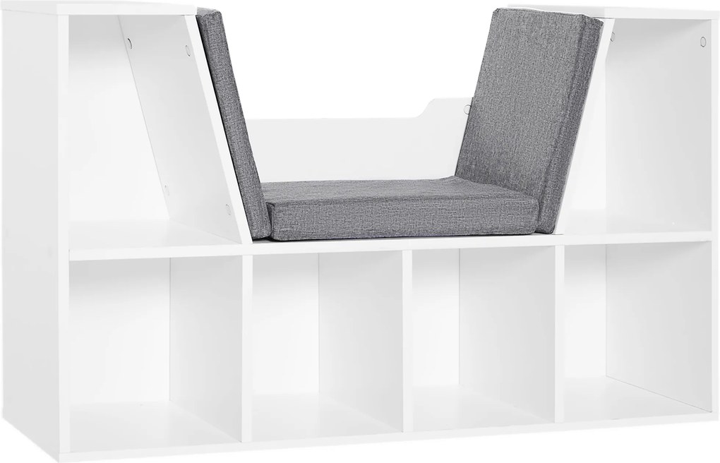 HOMCOM Bibliotecă 2 în 1 cu Perne Confortabile și 6 Compartimente, Mobilier Multifuncțional pentru Cărți și Jocuri, Raft cu 6 Cuburi pentru Sufragerie, Dormitor și Birou, 102x30x61 cm, Alb | Aosom Romania
