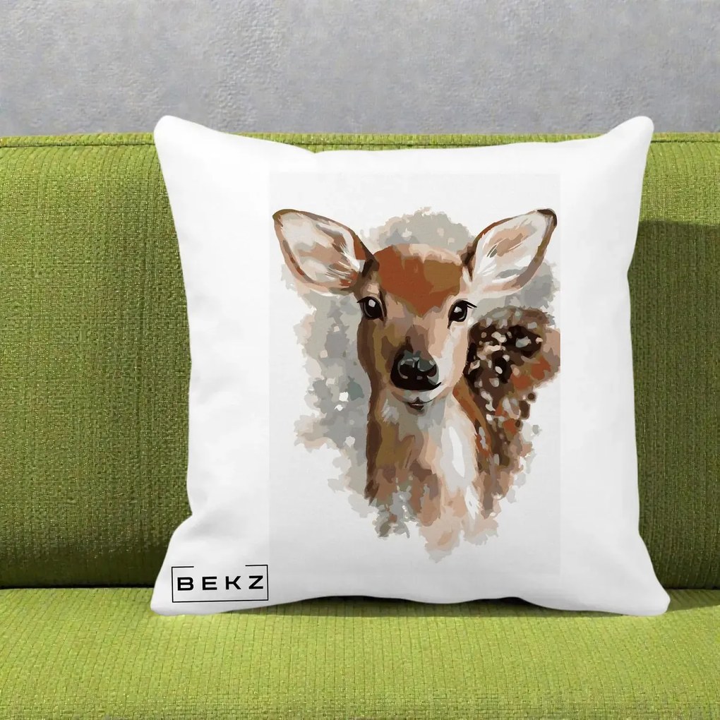 Perna Decorativa Caprioara Pui Acuarela, 40x40 cm, Alba Mata, Husa Detasabila, Perna Inclusa, BEKZ®