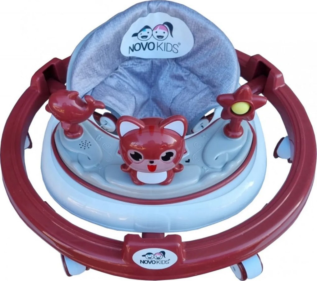 Premergator reglabil in 6 trepte de inaltime NOVOKIDS™ Happy Kitty, Cu melodii, Pliabil, Max 20 kg, Roti silentioase, Model Pisicuta, Rosu Bordeaux