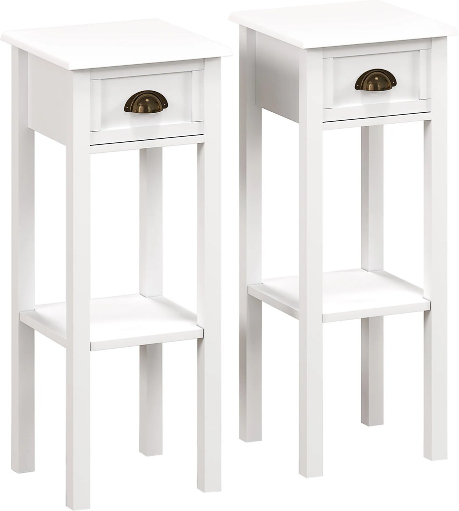 HOMCOM Set de 2 măsuțe laterale Masă de noptieră stil sofisticat cu sertar, etajeră inferioară, 30 x 30 x 75 cm, alb | Aosom Romania